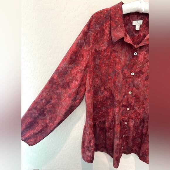 LOGO LORI GOLDSTEIN | Red Button Front Blouse Long Sleeve Flowy Tunic Top | XL - Picture 3 of 6